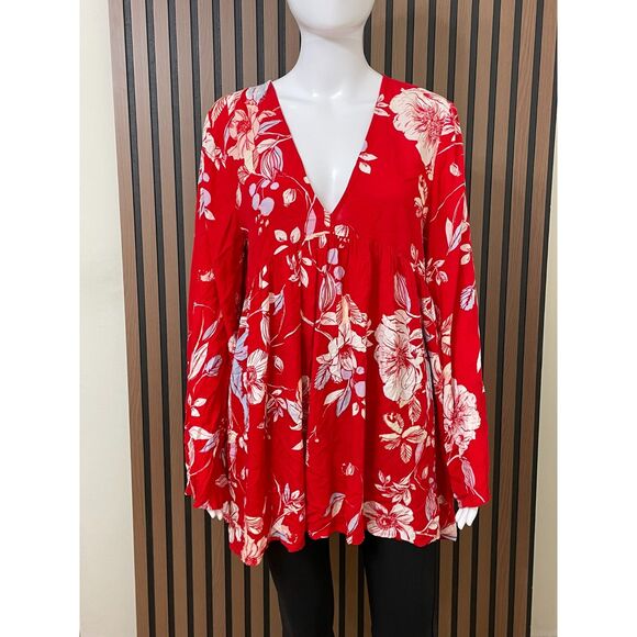 Free People Bella Women's Red 2x Blouse Romantic Babydoll Floral Boho Top - Picture 2 of 13